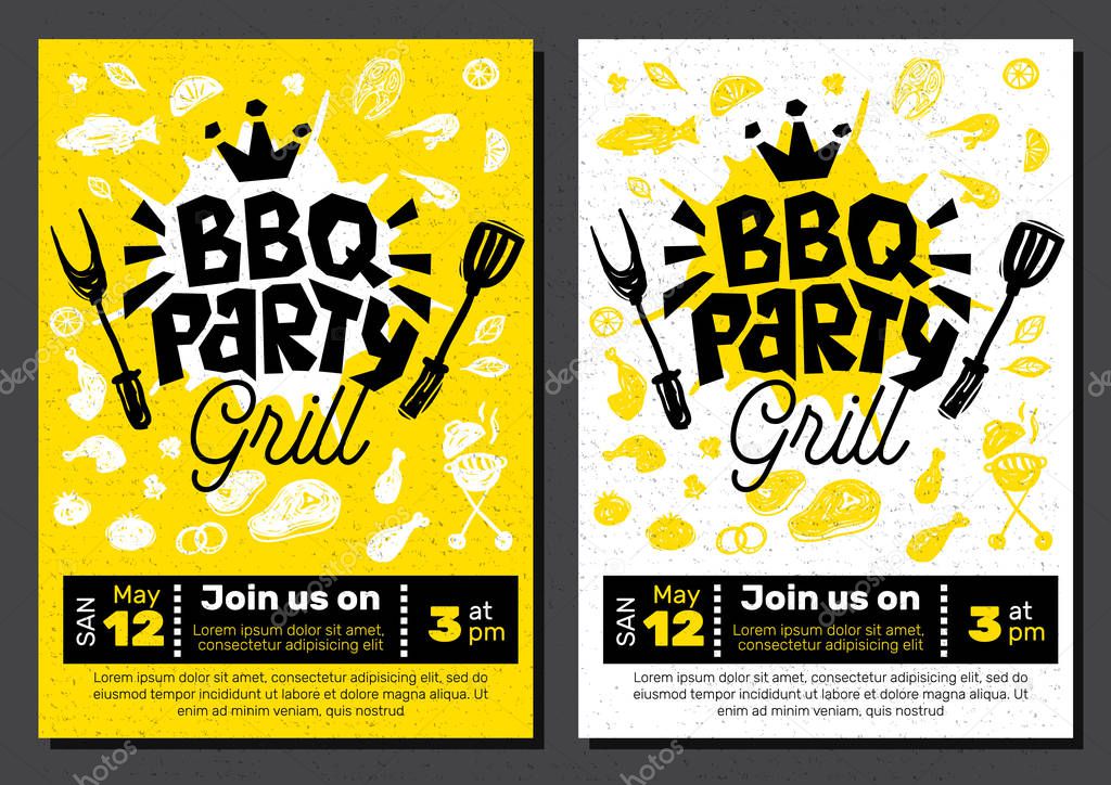 BBQ party Food poster Barbecue template menu invitation flyer design elements food. Hand drawn vector illustration
