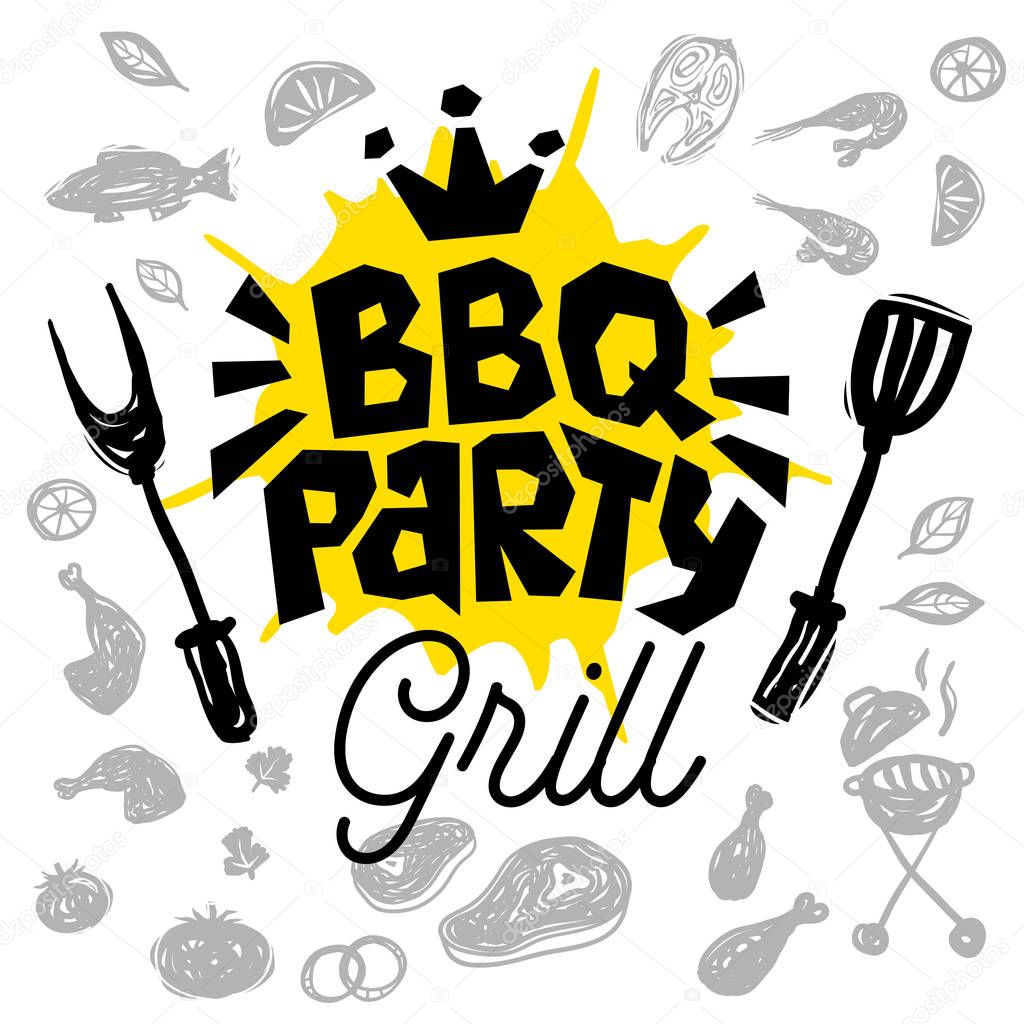BBQ party Food poster Barbecue template menu invitation flyer design elements food. Hand drawn vector illustration