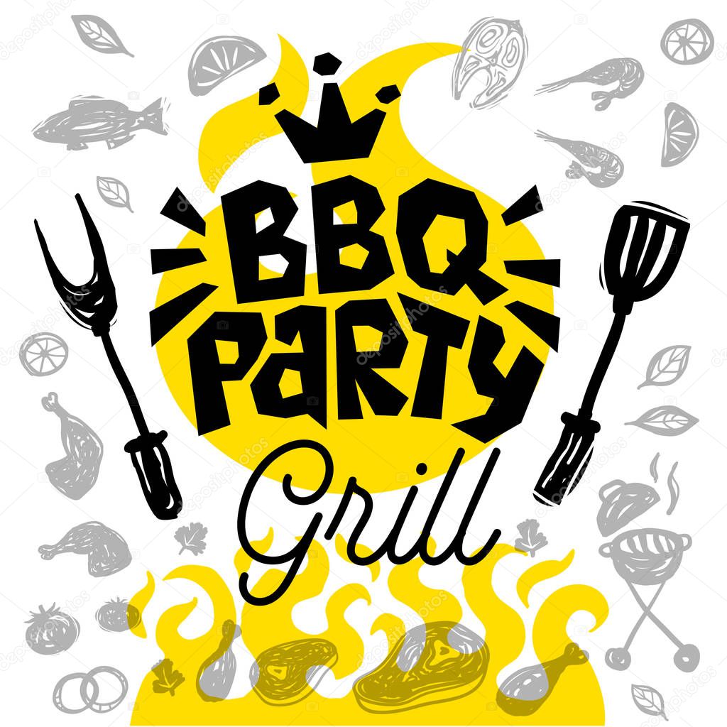BBQ party Food poster Barbecue template menu invitation flyer design elements food. Hand drawn vector illustration