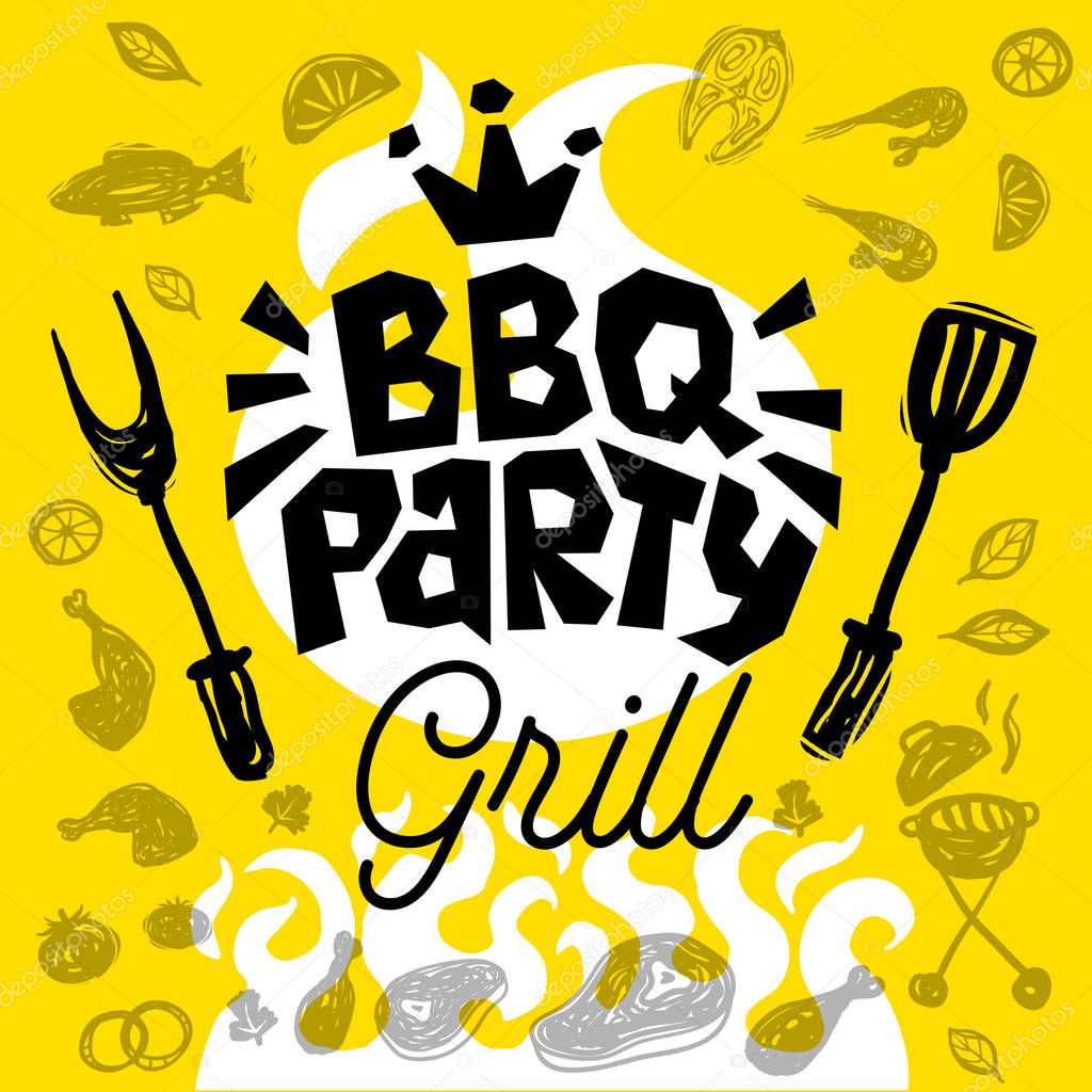 BBQ party Food poster Barbecue template menu invitation flyer design elements food. Hand drawn vector illustration