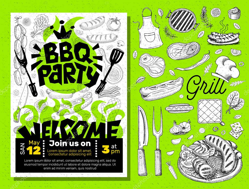 BBQ party Food poster Barbecue template menu invitation flyer design elements food. Hand drawn vector illustration