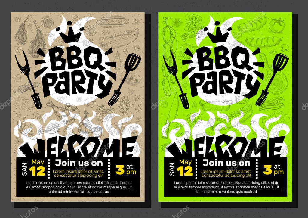 BBQ party Food poster Barbecue template menu invitation flyer design elements food. Hand drawn vector illustration