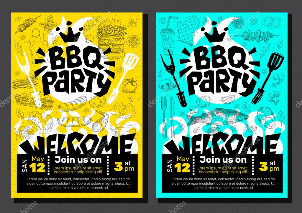 BBQ party Food poster Barbecue template menu invitation flyer design elements food. Hand drawn vector illustration
