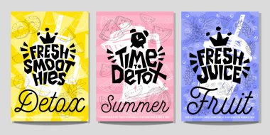 Renkli etiket poster çıkartmaları gıda meyve sebze tebeşir kroki tarzı, suyu smoothies