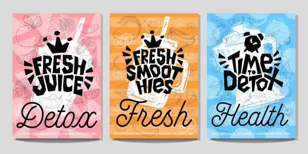Renkli etiket poster çıkartmaları gıda meyve sebze tebeşir kroki tarzı, suyu smoothies — Stok Vektör