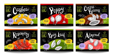 Elle çizilmiş gıda etiketleri ayarla, baharat etiketleri, meyve etiketleri, Mey