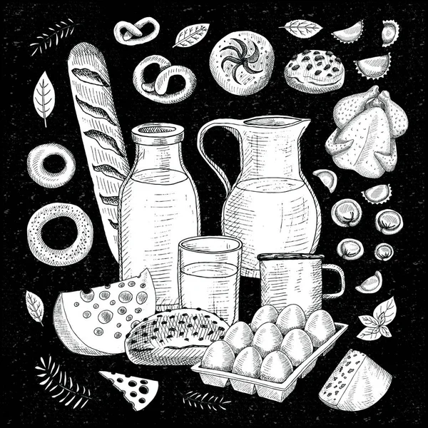 Food objects drawing elements. Sketch style Hand drawing vector illustration — Stock Vector