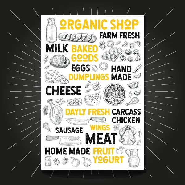 Τροφίμων αφίσα σχεδίασης οργανική αγορά αγρόκτημα φρέσκα. Σκίτσο διάνυσμα συρμένο χέρι — Διανυσματικό Αρχείο