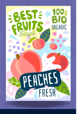 Soyut sıçrama etiketi şablonu. Renkli fırça darbesi. Meyveler, baharatlar, sebzeler paket tasarımı. Şeftali, narenciye, tropikal. Organik, taze.