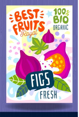 Soyut sıçrama etiketi şablonu. Renkli fırça darbesi. Meyveler, baharatlar, sebzeler paket tasarımı. Şeftali, narenciye, tropikal. Organik, taze.