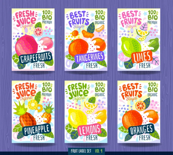 摘要水花食品标签模板. 多彩的笔划。 水果，香料，蔬菜包装设计。 桃子，柑橘，热带。 新鲜的有机食品. — 图库矢量图片
