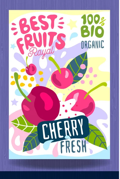 Abstract splash Food label template. Colorful brush stroke. Fruits, spices, vegetables package design. Cherry, berry, berries. Organic, fresh. — ストックベクタ