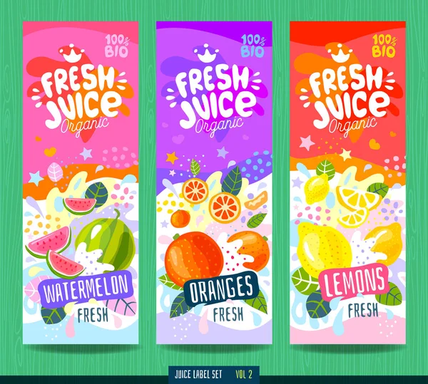 Abstract splash Food label template. Colorful brush stroke. Fruits, vegetables, drink package design. Watermelon, orange, lemon.