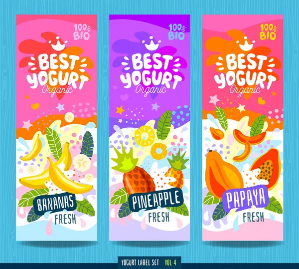 Abstract splash Food label template. Colorful brush stroke. Fruits, organic, yogurt, milk package design. Banana, pineapple, papaya.