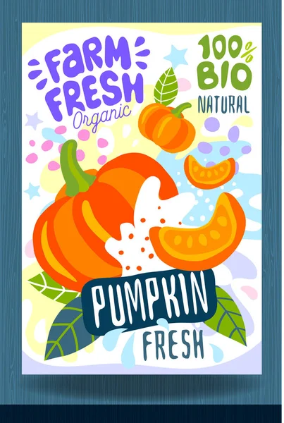 Abstract splash Food label template. Colorful brush stroke. Vegetables, fruits, spices, package design. Pumpkin, leaves, slice, ripe.