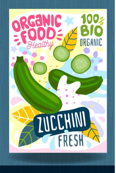 Abstract splash Food label template. Colorful brush stroke. Vegetables, fruits, spices, package design. Zucchini, leaves, slice, ripe, green. Organic fresh.