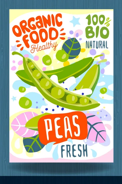 Abstract splash Food label template. Colorful brush stroke. Vegetables, fruits, spices, package design. Green peas, leaf, sweet, ripe. Organic fresh.