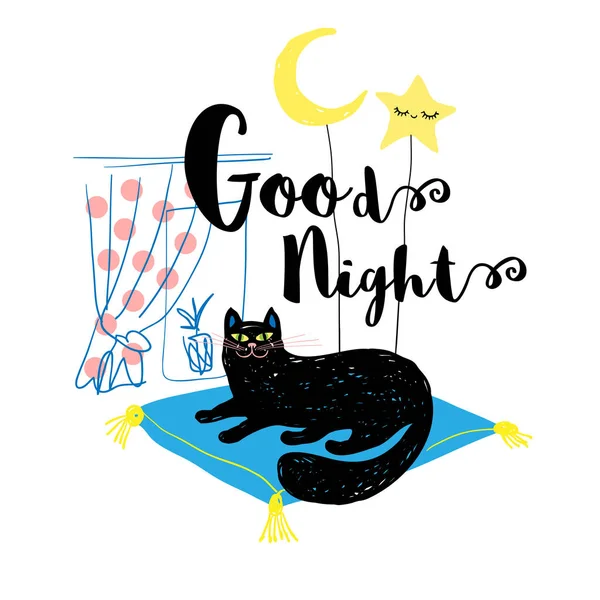 Goede nacht leuke glimlach zwarte kat met maan en schattige ster. Schets grappige stijl voor kaart, cover, banner, t-shirt. — Stockvector
