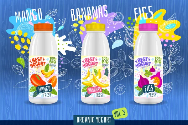 Plantilla de etiqueta de botella de yogur de chapoteo abstracto, póster publicitario. Frutas, orgánico, yogur, diseño de paquetes de leche. Mango, plátano, higo . — Archivo Imágenes Vectoriales