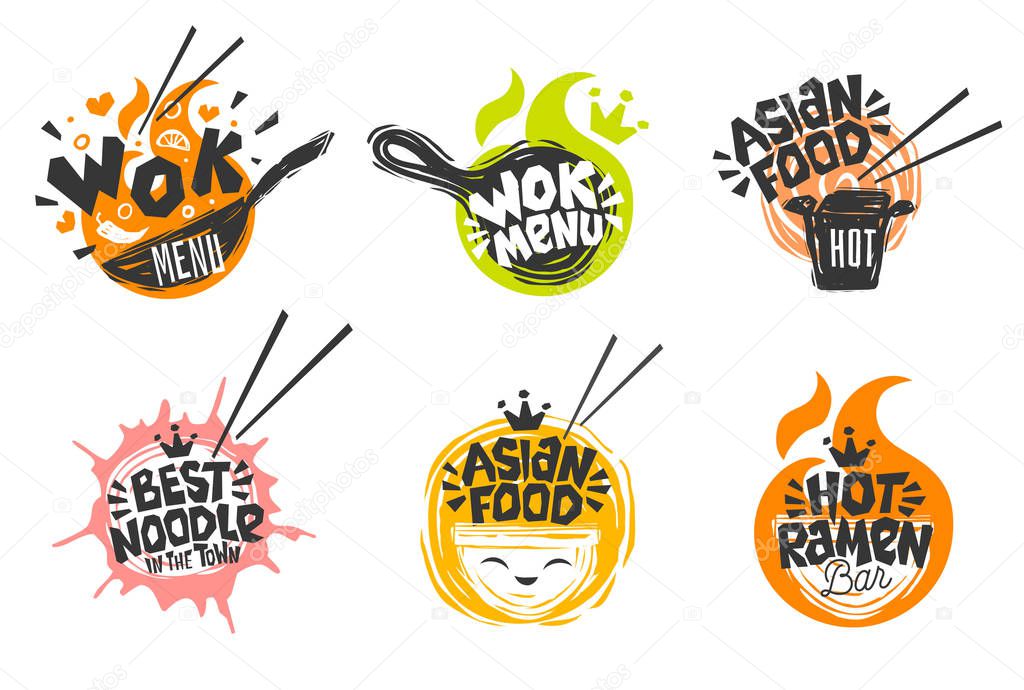 Wok asian food logo, Wok pan, plate, box, sticks, lettering, pepper, vegetables, Cook wok dish noodle ramen fire background logotype design. Hand drawn vector illustration.