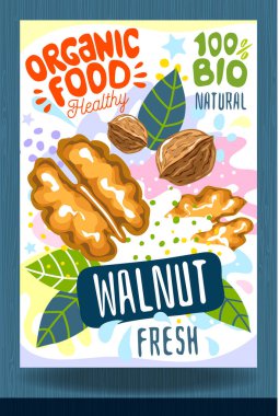 Soyut sıçrama etiketi şablonu. Renkli fırça darbesi. Fındık, sebze, ot, baharat, paket tasarımı. Ceviz. Organik taze Vektör illüstrasyonu