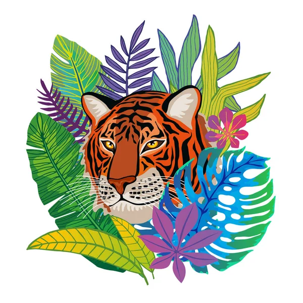 Tygří hlava divoká kočka v barevné džungli. Deštný prales tropické listí pozadí kresba. — Stockový vektor