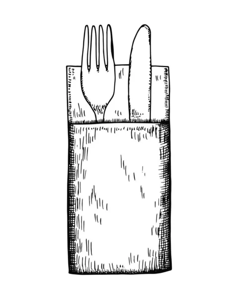Posate forchetta e coltello su uno schizzo da pranzo tovagliolo — Vettoriale Stock