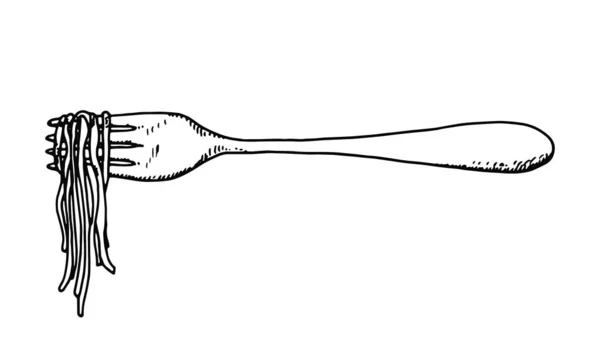 Tăiţei de paste pe o furculiţă de tacâmuri. schiță vector izolat — Vector de stoc