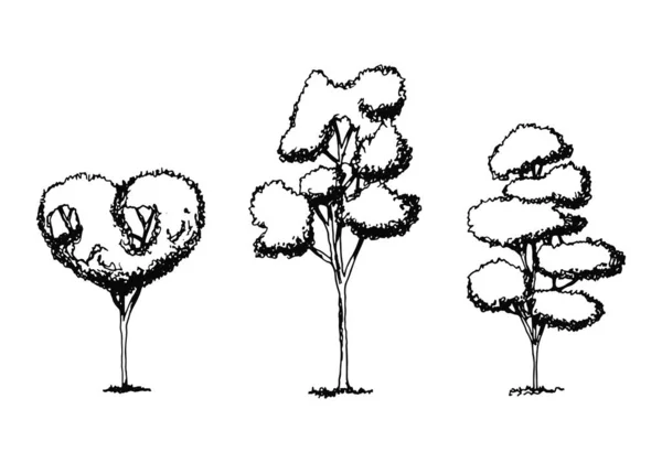 Stromy nastavit siluetu na bílém pozadí skica v izolaci — Stockový vektor