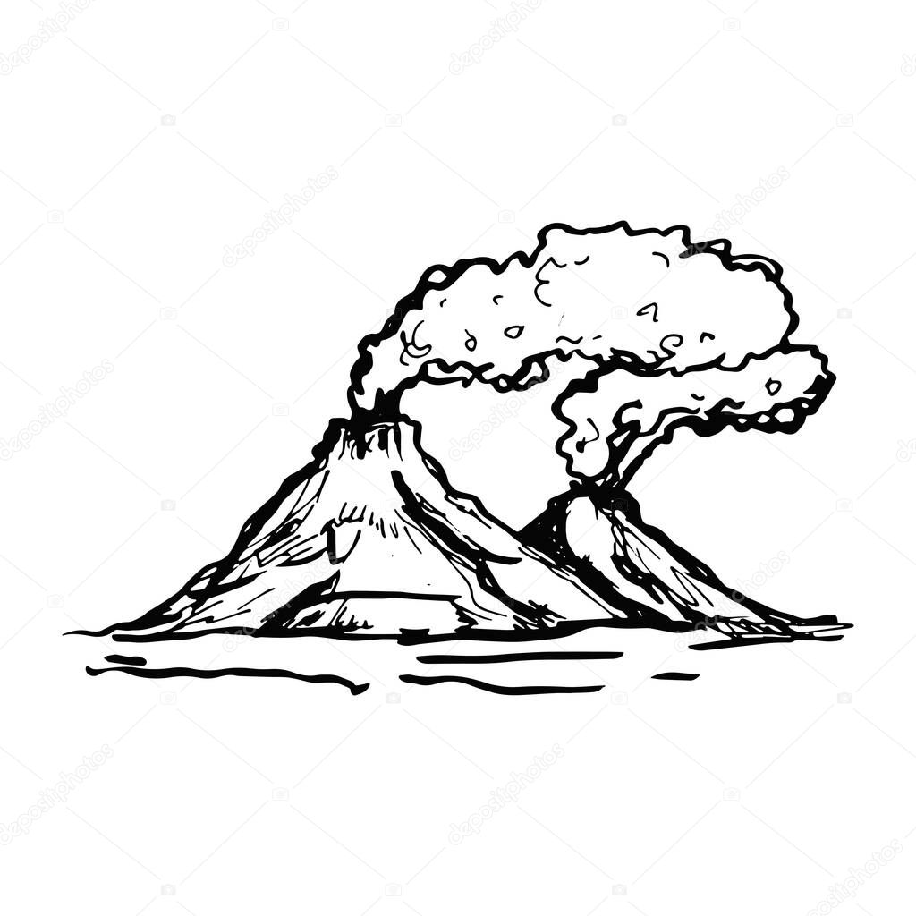 volcanoes erupt smoke mountains sketch drawing on a white background vector