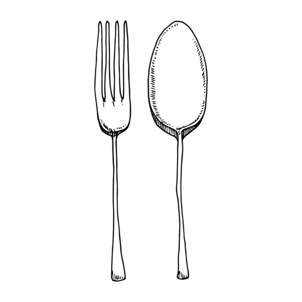 餐具叉和勺子 绝缘草图 — 图库照片