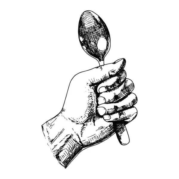 Столові Прибори Рука Людини Тримає Ложку Ізольованого Ескізу — стокове фото