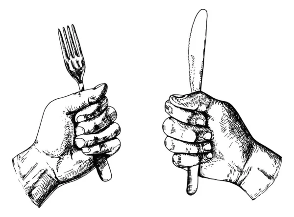 Cubiertos Sosteniendo Tenedor Cuchillo Boceto Aislado — Foto de Stock