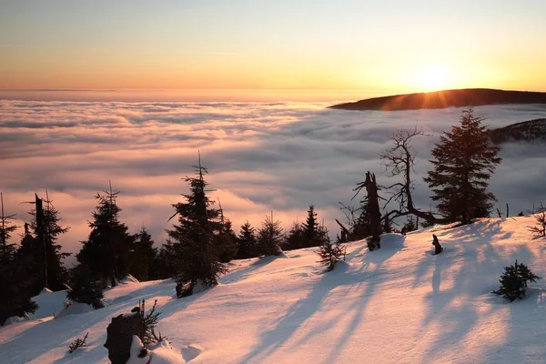 Paisagem Inverno Nas Montanhas Durante Pôr Sol — Fotografia de Stock