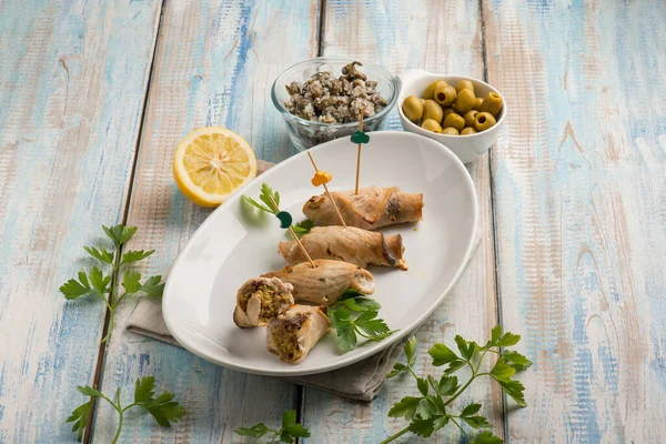 Sword Fish Rolled Capers Green Olives — Stock Photo, Image