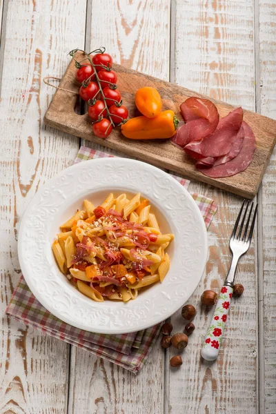 Pasta Capsicum Tomatoes Bresaola — Stock Photo, Image