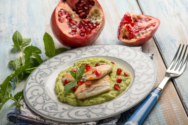 Fillet Fish Green Peas Cream Pomegranate — Stock Photo, Image