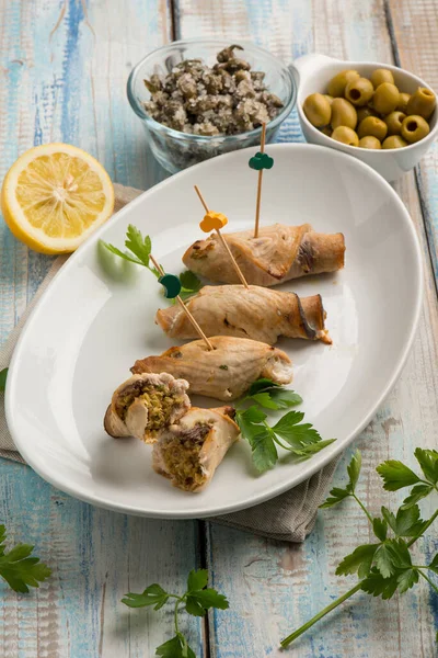 Sword Fish Rolled Capers Green Olives — Stock Photo, Image