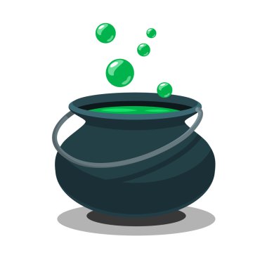 Halloween cadı kazanı iksir ve beyaz arka plan üzerinde izole kabarcık. Siyah düz stil sihirli demlemek potu