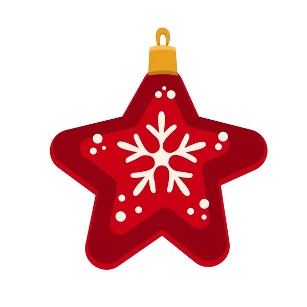 Neşeli Noel kırmızı kar taneleri, Noel topları, yıldız oyuncakla düz stil resimde vektör — Stok Vektör