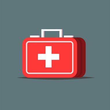 Gri arka plan üzerinde izole kırmızı İlkyardım çantası. Tıbbi kutusu beyaz haç teşhis kavramı gibi. Düz vektör çizim tasarım