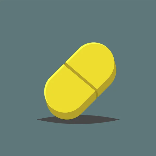Vetor plano amarelo Drogas e comprimidos ícone isolado no fundo cinza, símbolo Tablet médica no estilo dos desenhos animados para o projeto — Vetor de Stock