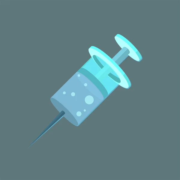 Injekční stříkačka ikona s očkovací látkou v plochý izolované na šedé. Jehlu ilustrace pro lékařské kreslený design — Stockový vektor