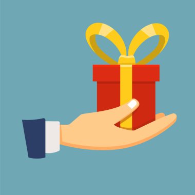 Düz stil tasarım çeşitli tatil açıklamalar ve posterler için kırmızı hediye kutusunda tutan el