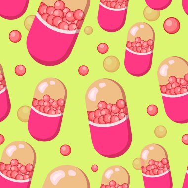 İçinde küçük yuvarlak şekli ile düz vektör seamless modeli kırmızı kapsül simgesi. Karikatür tarzı tasarım için tıbbi Tablet sembolü