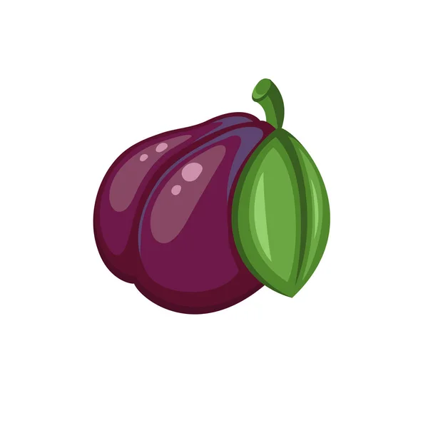 Prune fraîche avec feuille verte dans un style vectoriel plat — Image vectorielle