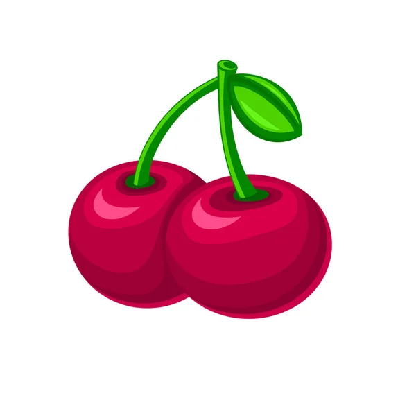 Vector saftiga sweet cherry med blad i platt stil isolerad på vit bakgrund — Stock vektor