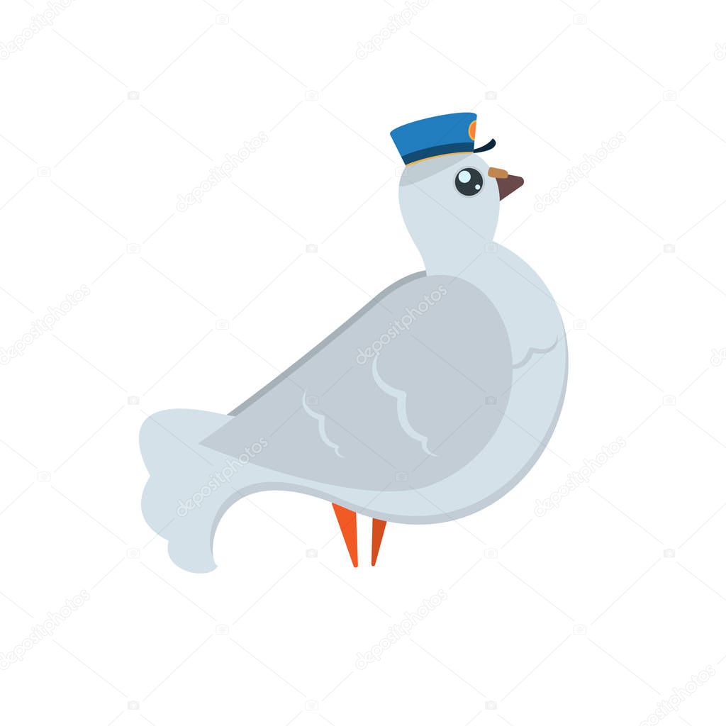 Cartoon pigeon post with blue postmans hat with open wings in fly