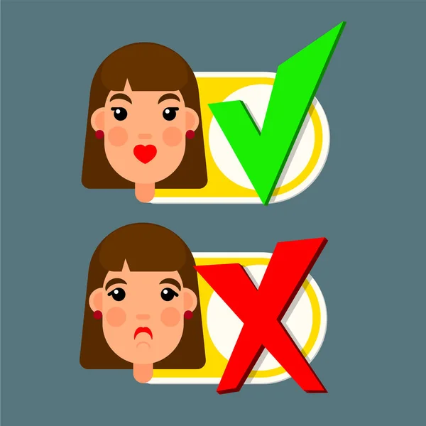 Girl face with emotion and yes and no signs for check box for web or animation in flat style — Stock Vector