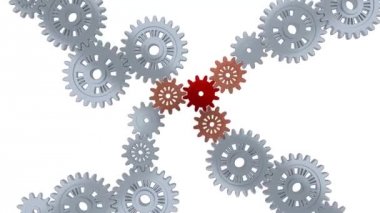 Birçok gümüş Gears ile sonsuz dönüş bir kırmızı ve üç turuncu vites